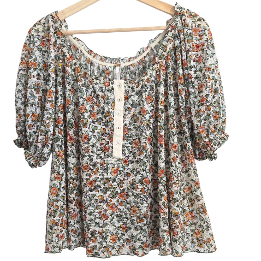Women’s Floral Peasant Top - Cream with Orange & Green